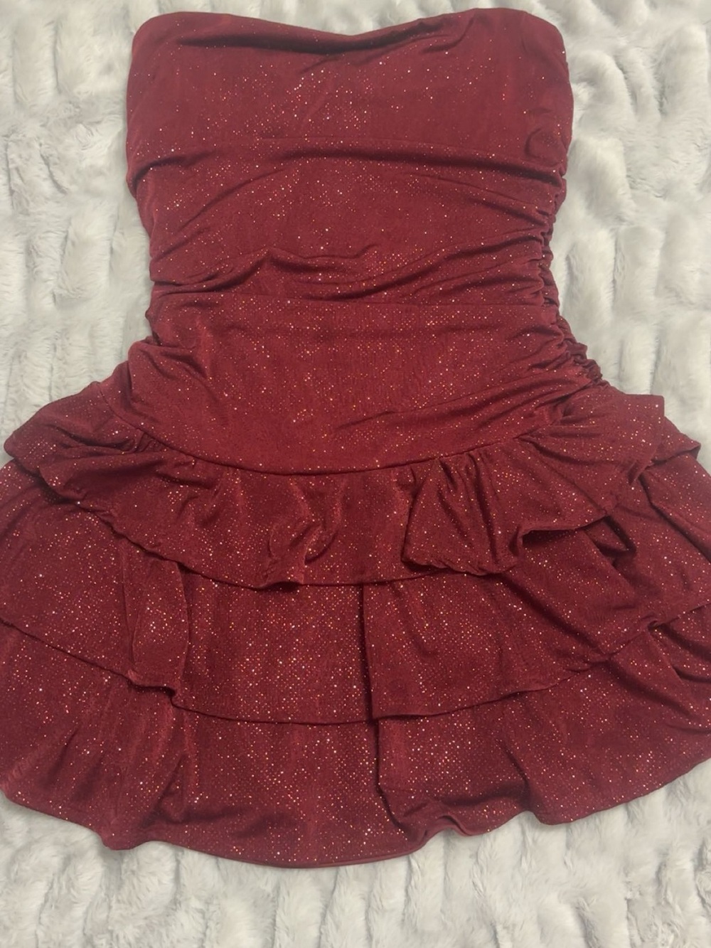 Windsor Sparkle Burgundy Strapless Ruffled Cocktail Dress